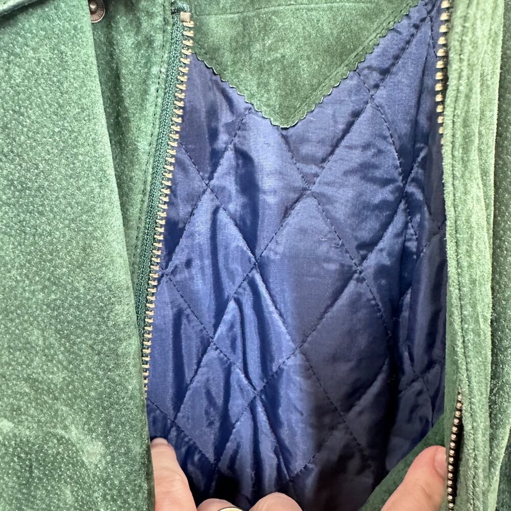 Green & Blue Suede Leather Bomber Jacket 80s Vintage Copper Key Size Medium - Picture 5 of 12